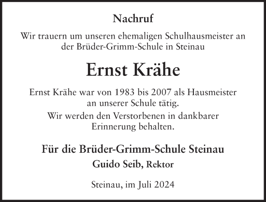Traueranzeige von Ernst Krähe von FZ