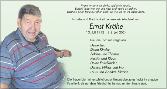 Traueranzeige von Ernst Krähe von FZ