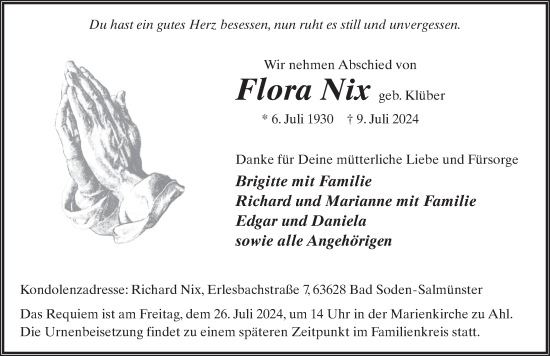 Traueranzeige von Flora Nix von FZ