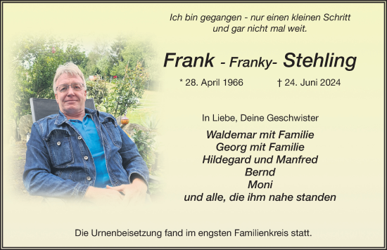 Traueranzeige von Frank Stehling von FZ