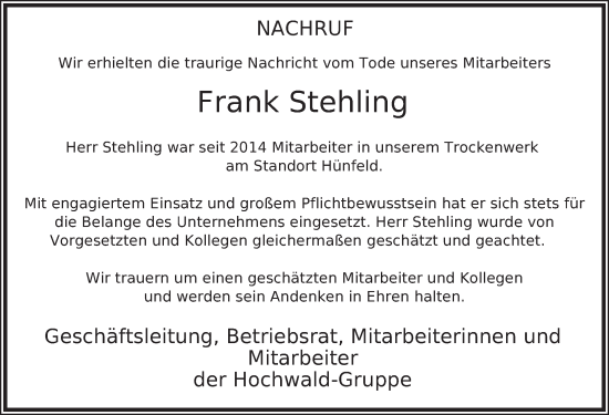 Traueranzeige von Frank Stehling von FZ