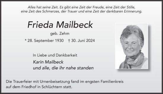 Traueranzeige von Frieda Mailbeck von FZ