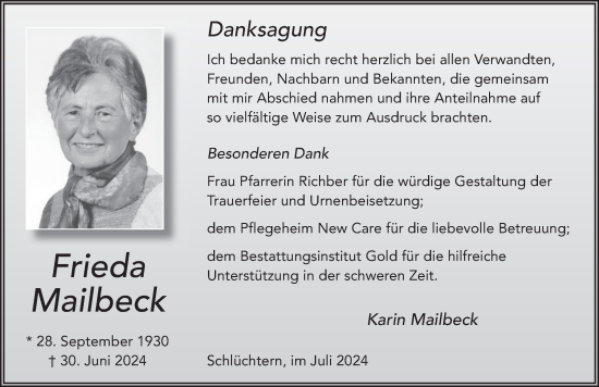 Traueranzeige von Frieda Mailbeck von FZ