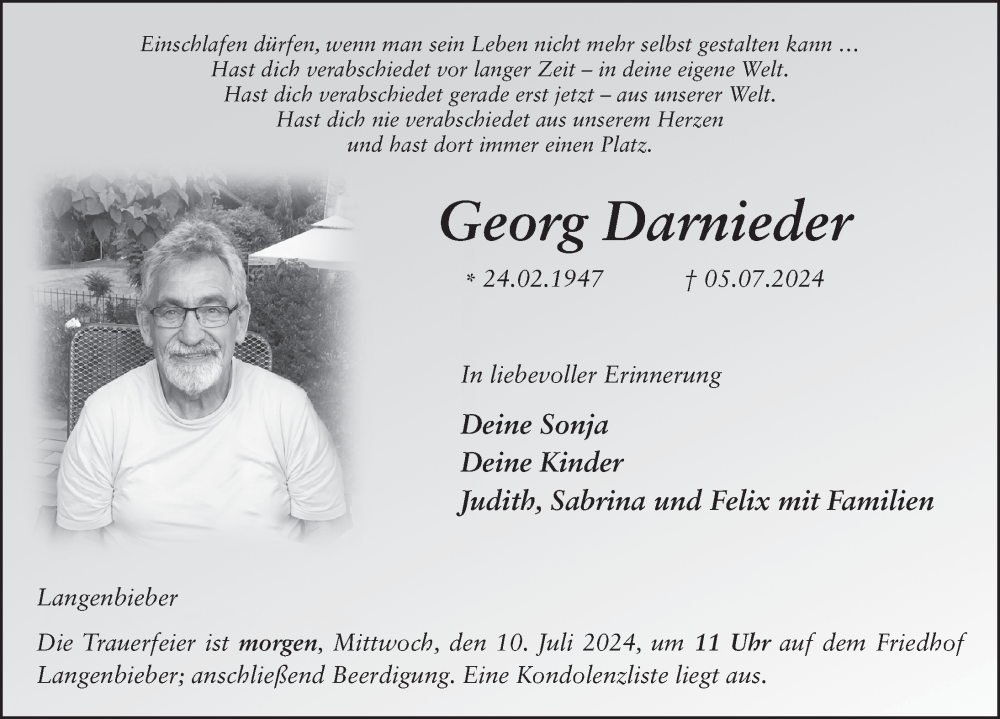  Traueranzeige für Georg Darnieder vom 09.07.2024 aus FZ