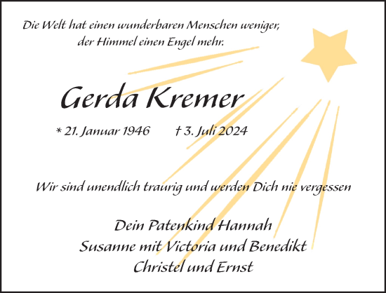 Traueranzeige von Gerda Kremer von FZ
