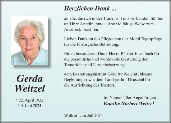 Traueranzeige von Gerda Weitzel von FZ