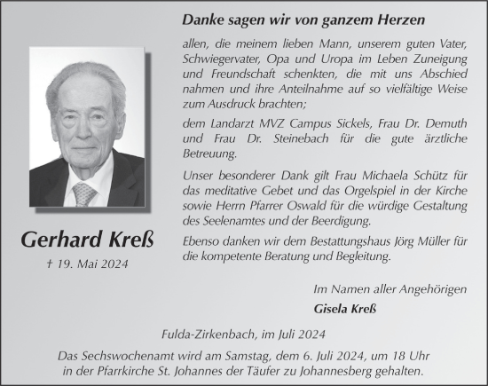 Traueranzeige von Gerhard Kreß von FZ