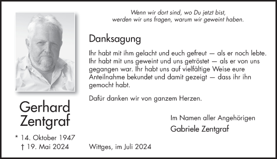 Traueranzeige von Gerhard Zentgraf von FZ