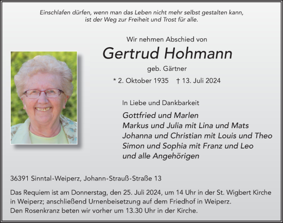 Traueranzeige von Gertrud Hohmann von FZ