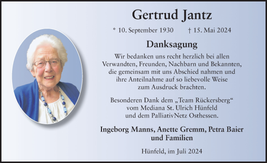 Traueranzeige von Gertrud Jantz von FZ