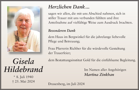 Traueranzeige von Gisela Hildebrand von FZ