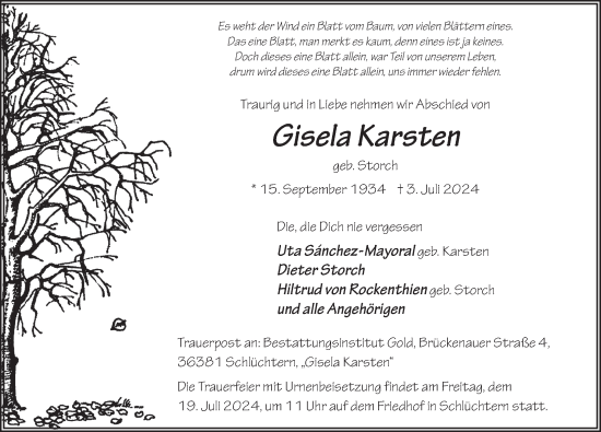 Traueranzeige von Gisela Karsten von FZ