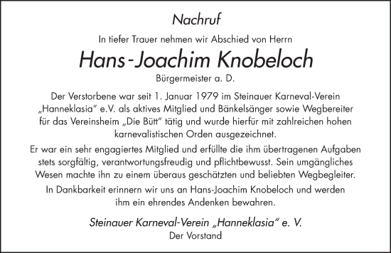 Traueranzeige von Hans-Joachim Knobeloch von FZ