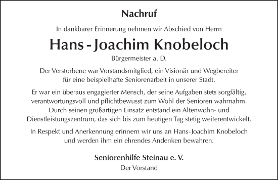 Traueranzeige von Hans-Joachim Knobeloch von FZ
