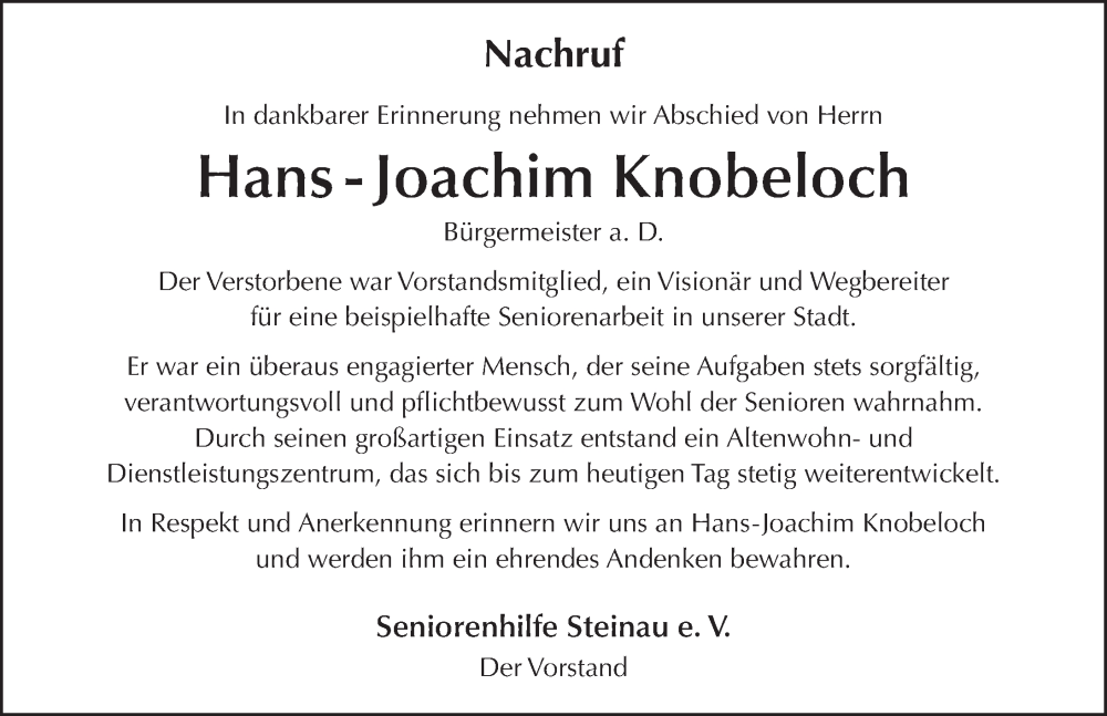  Traueranzeige für Hans-Joachim Knobeloch vom 06.07.2024 aus FZ