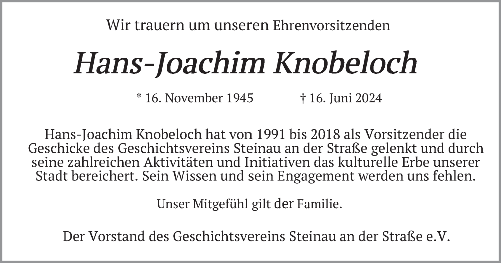  Traueranzeige für Hans-Joachim Knobeloch vom 06.07.2024 aus FZ