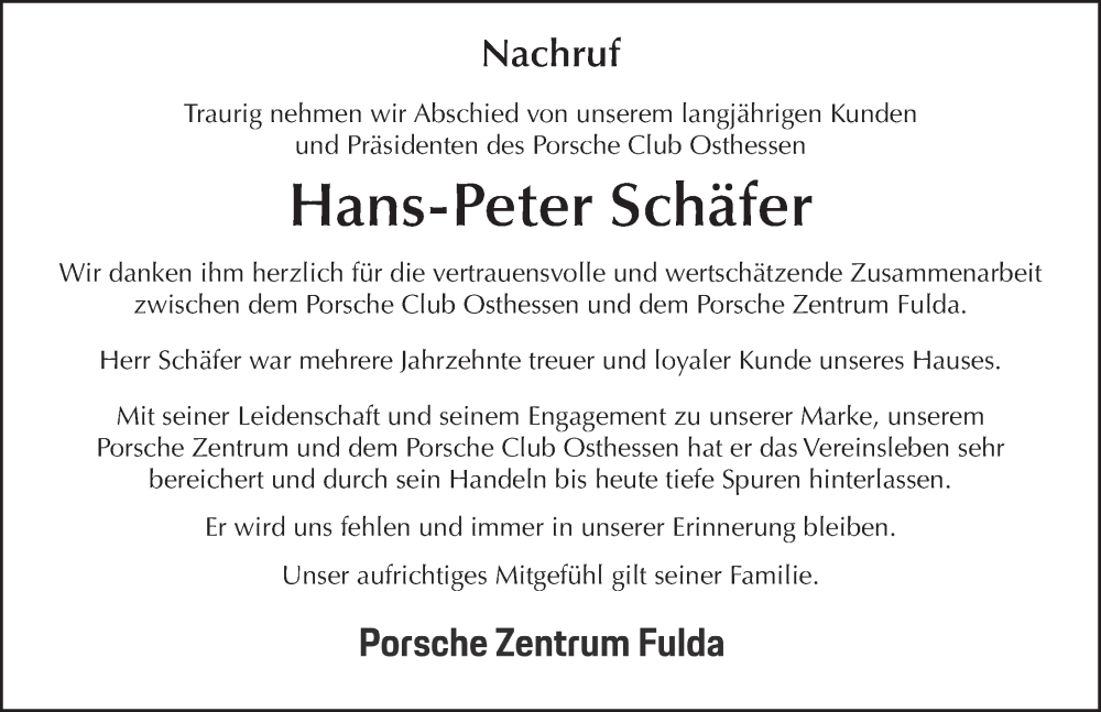  Traueranzeige für Hans-Peter Schäfer vom 22.06.2024 aus FZ
