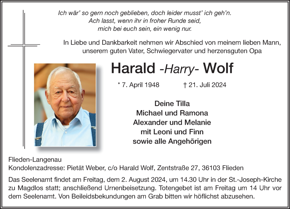  Traueranzeige für Harald Wolf vom 29.07.2024 aus FZ