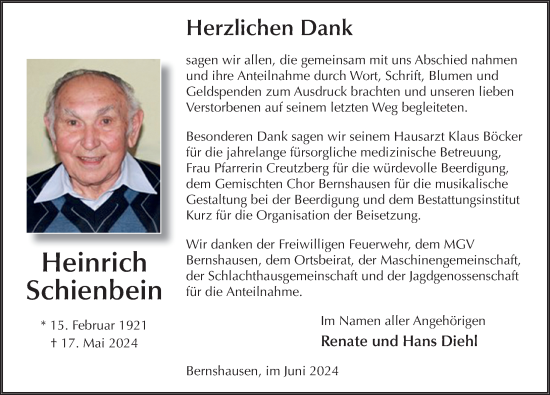 Traueranzeige von Heinrich Schienbein von FZ