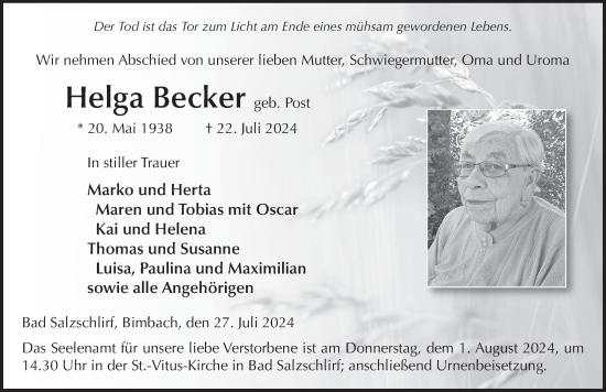 Traueranzeige von Helga Becker von FZ
