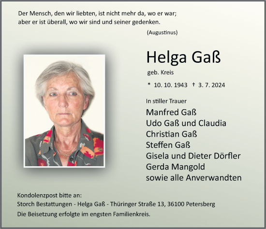 Traueranzeige von Helga Gaß von FZ