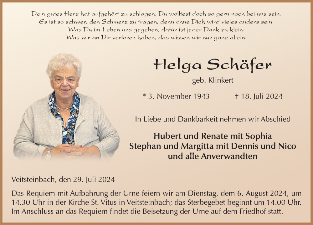  Traueranzeige für Helga Schäfer vom 29.07.2024 aus FZ