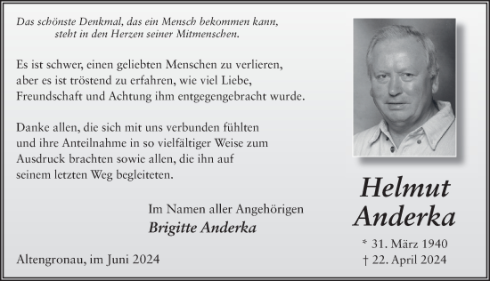 Traueranzeige von Helmut Anderka von FZ