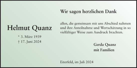 Traueranzeige von Helmut Quanz von FZ