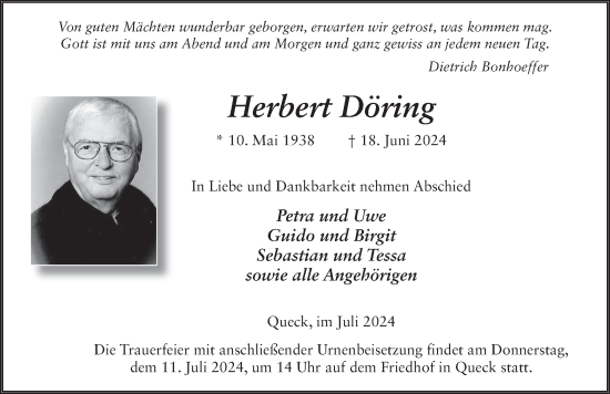 Traueranzeige von Herbert Döring von FZ