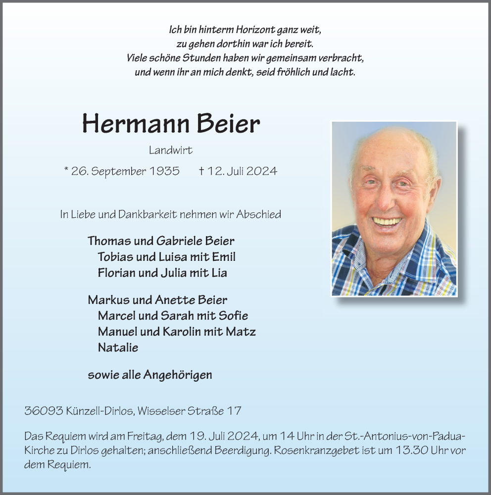  Traueranzeige für Hermann Beier vom 16.07.2024 aus FZ