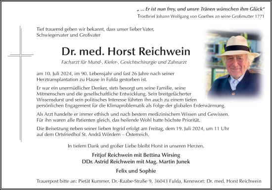 Traueranzeige von Horst Reichwein von FZ