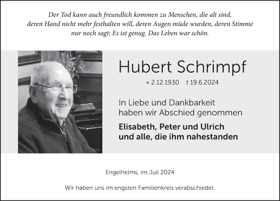 Traueranzeige von Hubert Schrimpf von FZ