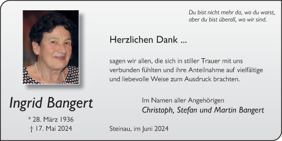 Traueranzeige von Ingrid Bangert von FZ