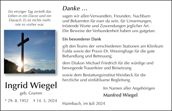 Traueranzeige von Ingrid Wiegel von FZ