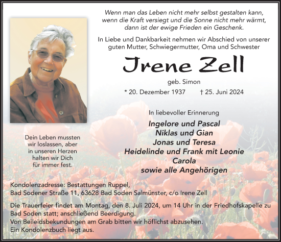 Traueranzeige von Irene Zell von FZ