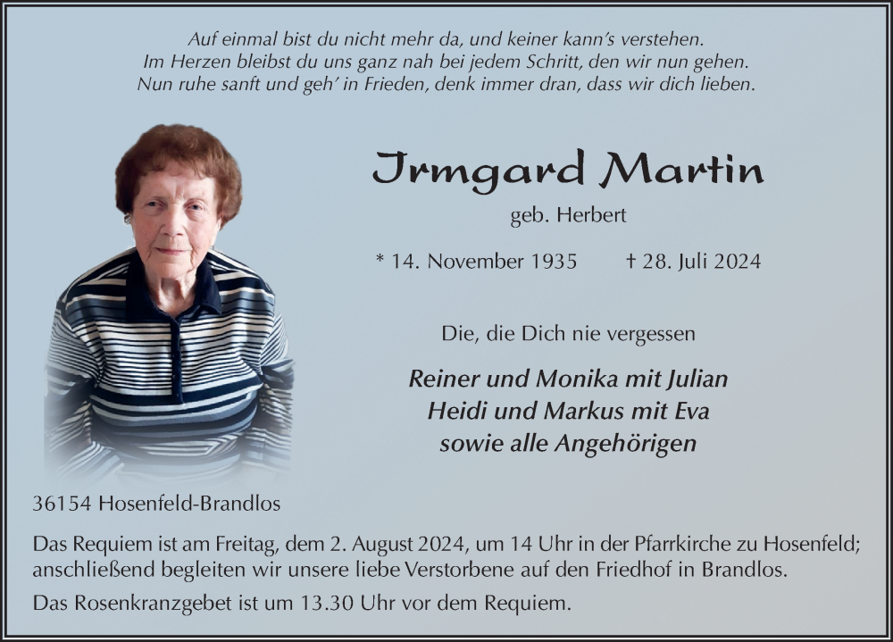  Traueranzeige für Irmgard Martin vom 31.07.2024 aus FZ