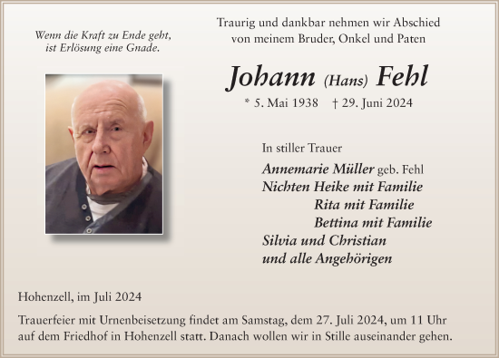 Traueranzeige von Johann Fehl von FZ