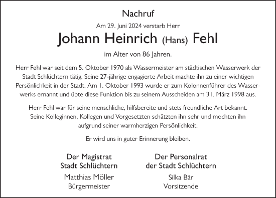 Traueranzeige von Johann Heinrich Fehl von FZ