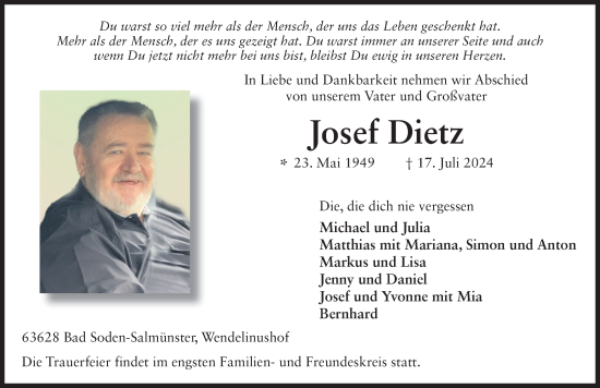 Traueranzeige von Josef Dietz von FZ