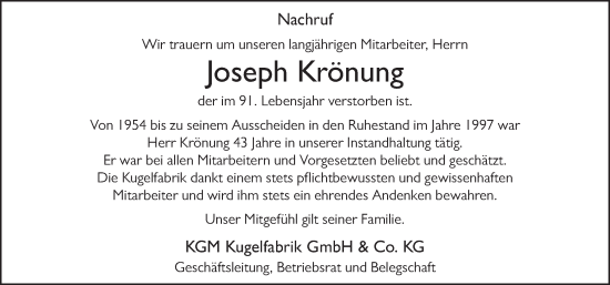 Traueranzeige von Joseph Krönung von FZ