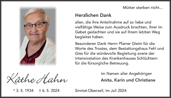 Traueranzeige von Käthe Hahn von FZ
