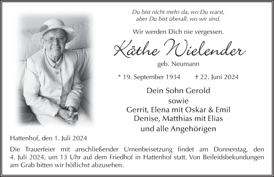 Traueranzeige von Käthe Wielender von FZ