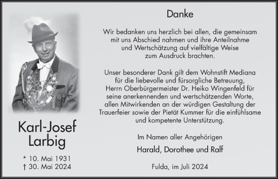 Traueranzeige von Karl-Josef Larbig von FZ