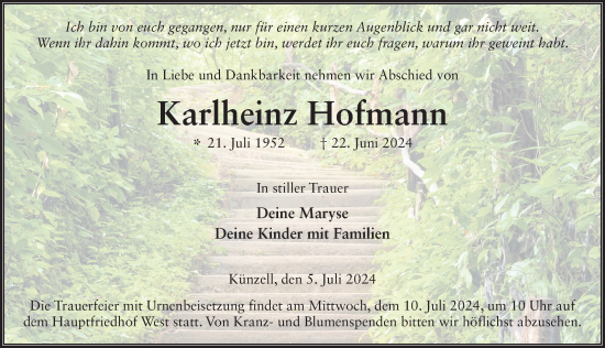 Traueranzeige von Karlheinz Hofmann von FZ