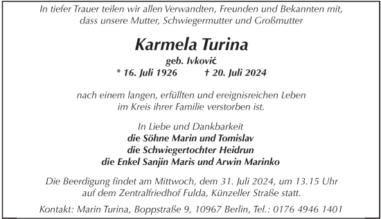 Traueranzeige von Karmela Turina von FZ