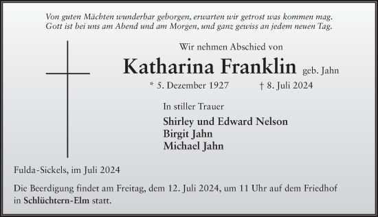 Traueranzeige von Katharina Franklin von FZ