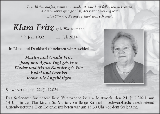 Traueranzeige von Klara Fritz von FZ
