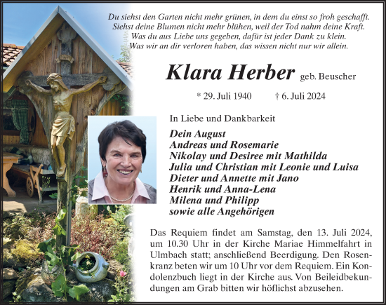 Traueranzeige von Klara Herber von FZ