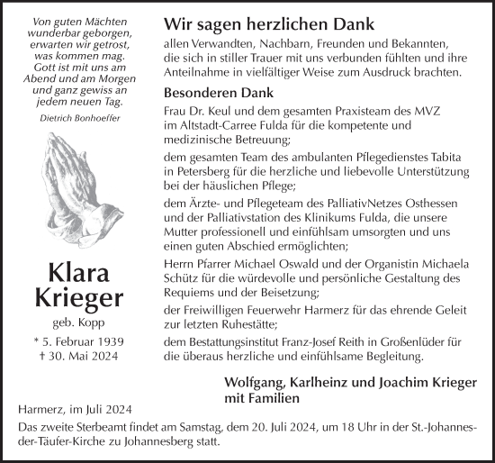 Traueranzeige von Klara Krieger von FZ