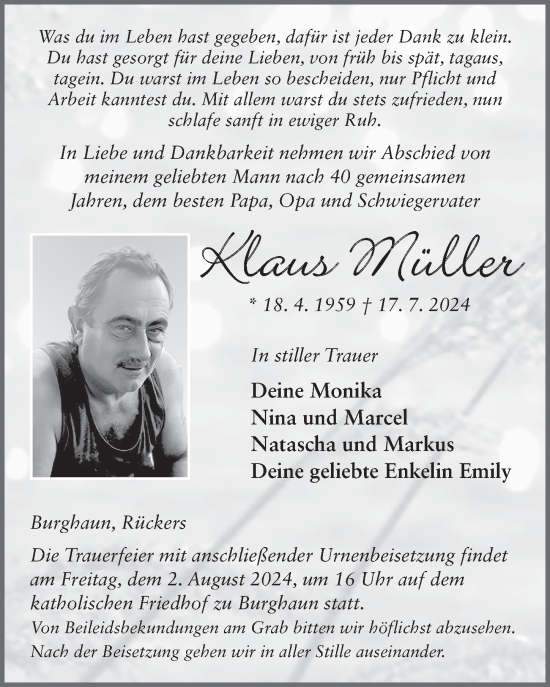 Traueranzeige von Klaus Müller von FZ